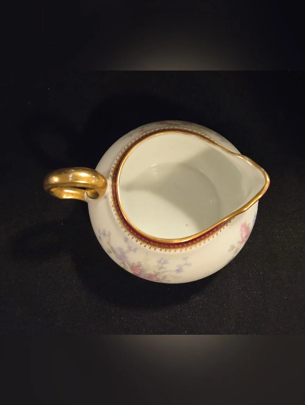 Gold-Trim Floral Porcelain Creamer - White with Pink and Lavender By Limoges